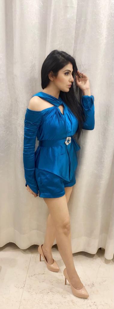 Cosmic - Blue Satin Cold-Shoulder Romper with Embellished Cape.