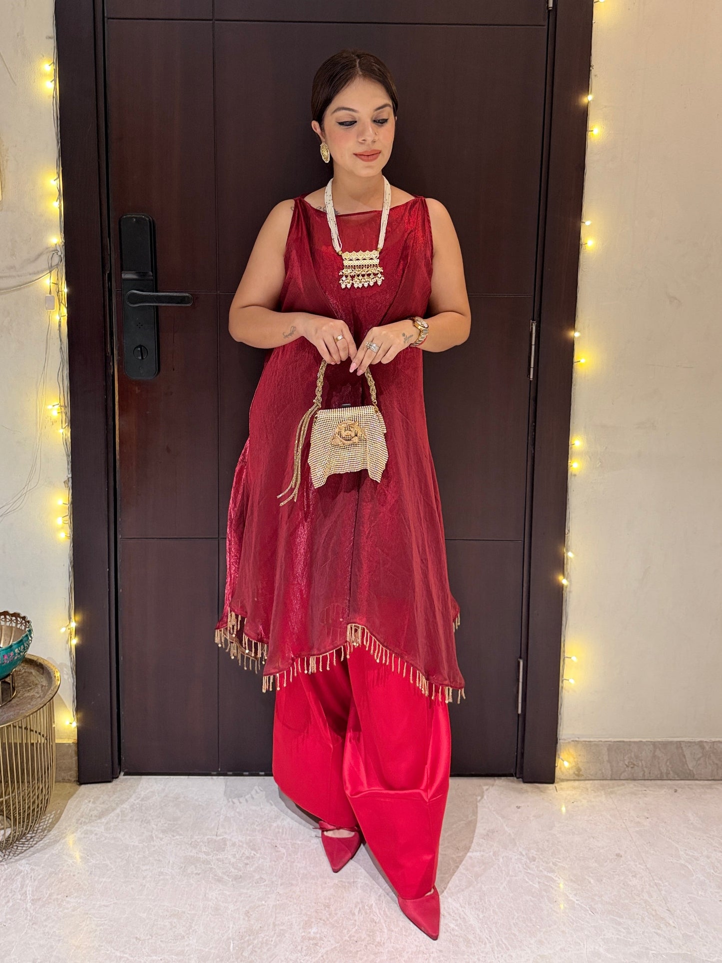 Ruby Noor - Ruby Noor Metallic Red Asymmetrical Kurta with Farshi Palazzo Set for Women | Designer Festive Wear