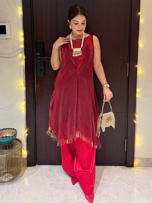 Ruby Noor - Ruby Noor Metallic Red Asymmetrical Kurta with Farshi Palazzo Set for Women | Designer Festive Wear