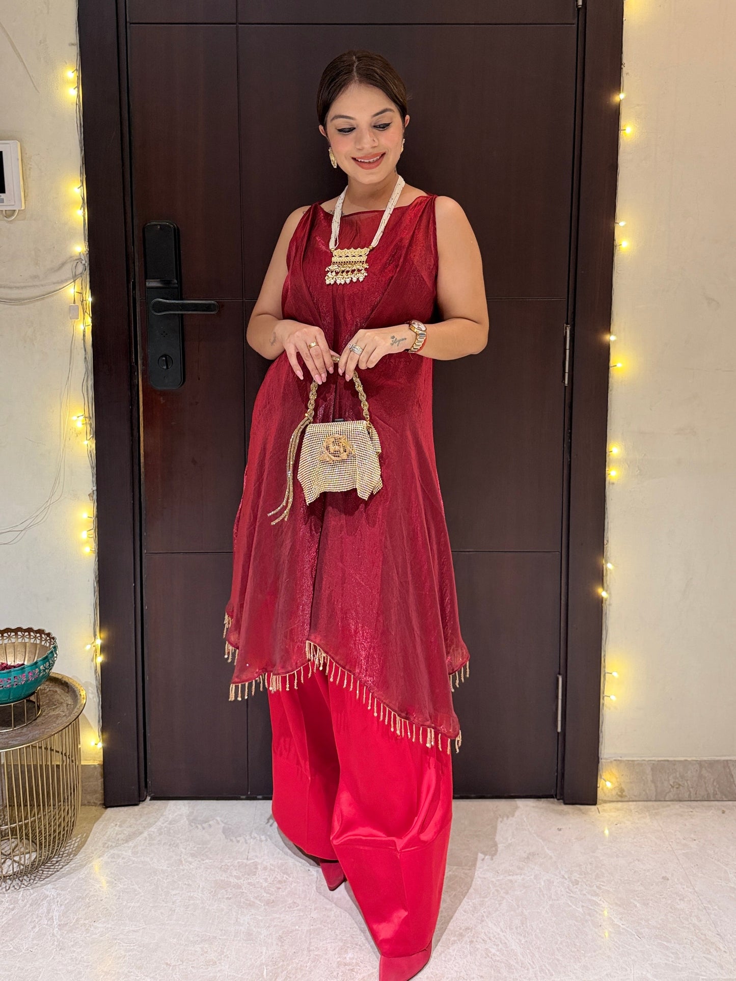 Ruby Noor - Ruby Noor Metallic Red Asymmetrical Kurta with Farshi Palazzo Set for Women | Designer Festive Wear