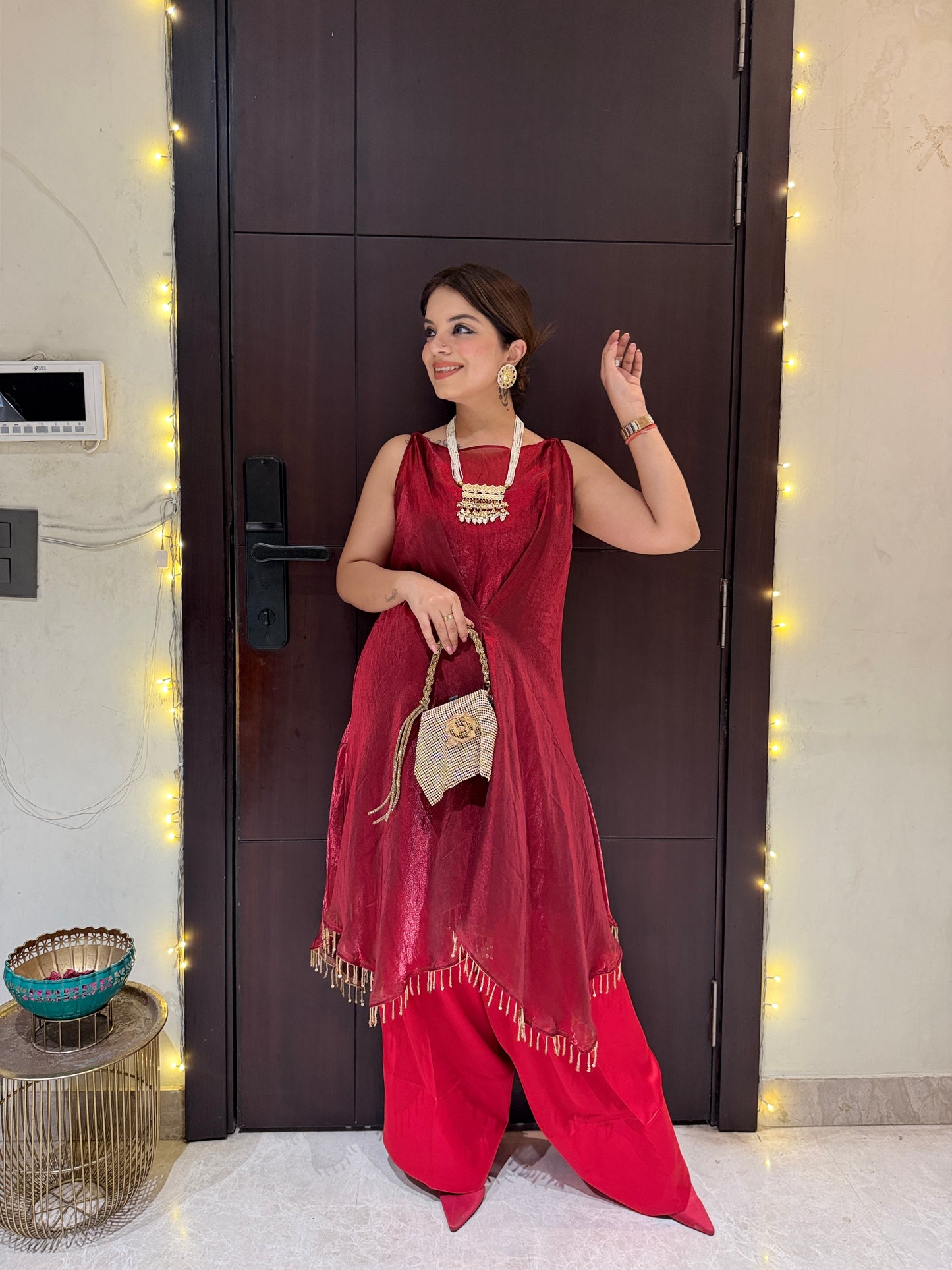 Ruby Noor - Ruby Noor Metallic Red Asymmetrical Kurta with Farshi Palazzo Set for Women | Designer Festive Wear