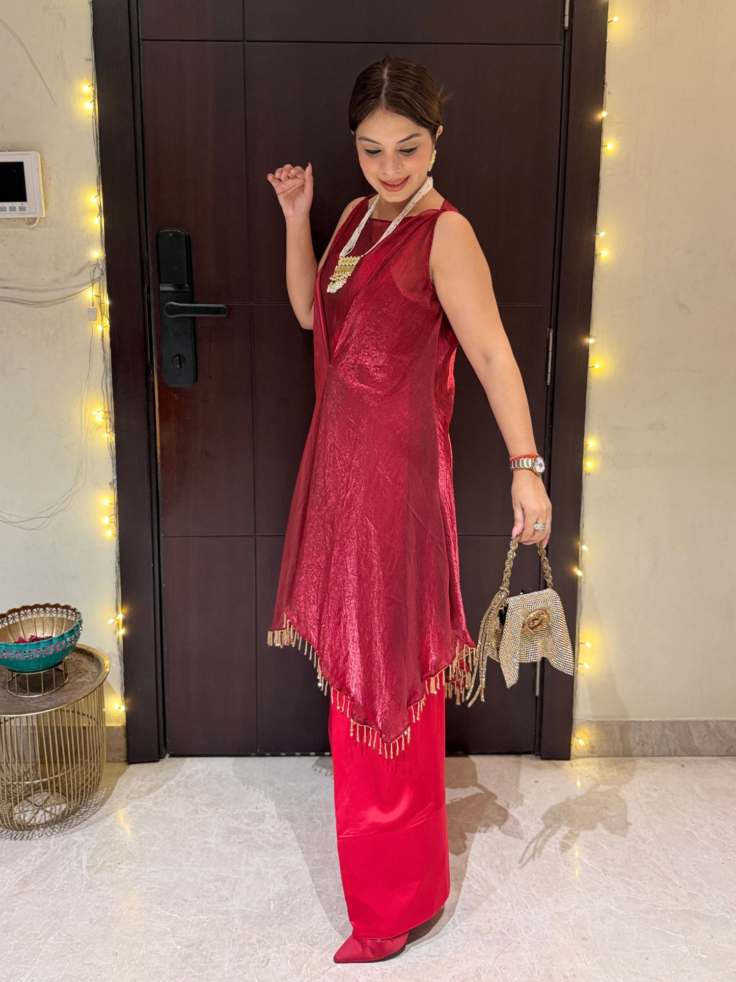 Ruby Noor - Ruby Noor Metallic Red Asymmetrical Kurta with Farshi Palazzo Set for Women | Designer Festive Wear