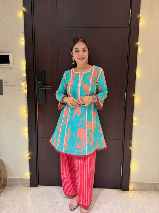 Coral Bloom - Floral Cotton Kurta Farsi Salwar Set for Women | Designer Festive & Office Wear