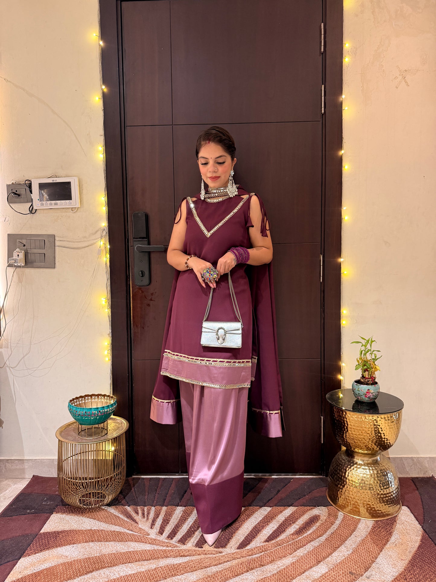 Plum Luxe - Color Block Wine Farshi Palazzo Set for Women | Designer Festive Suit | Mystique Closet