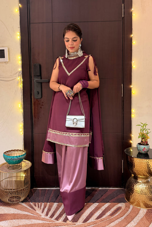 PLUM LUXE - Twin Colour Wine Farshi Palazzo Set for Women