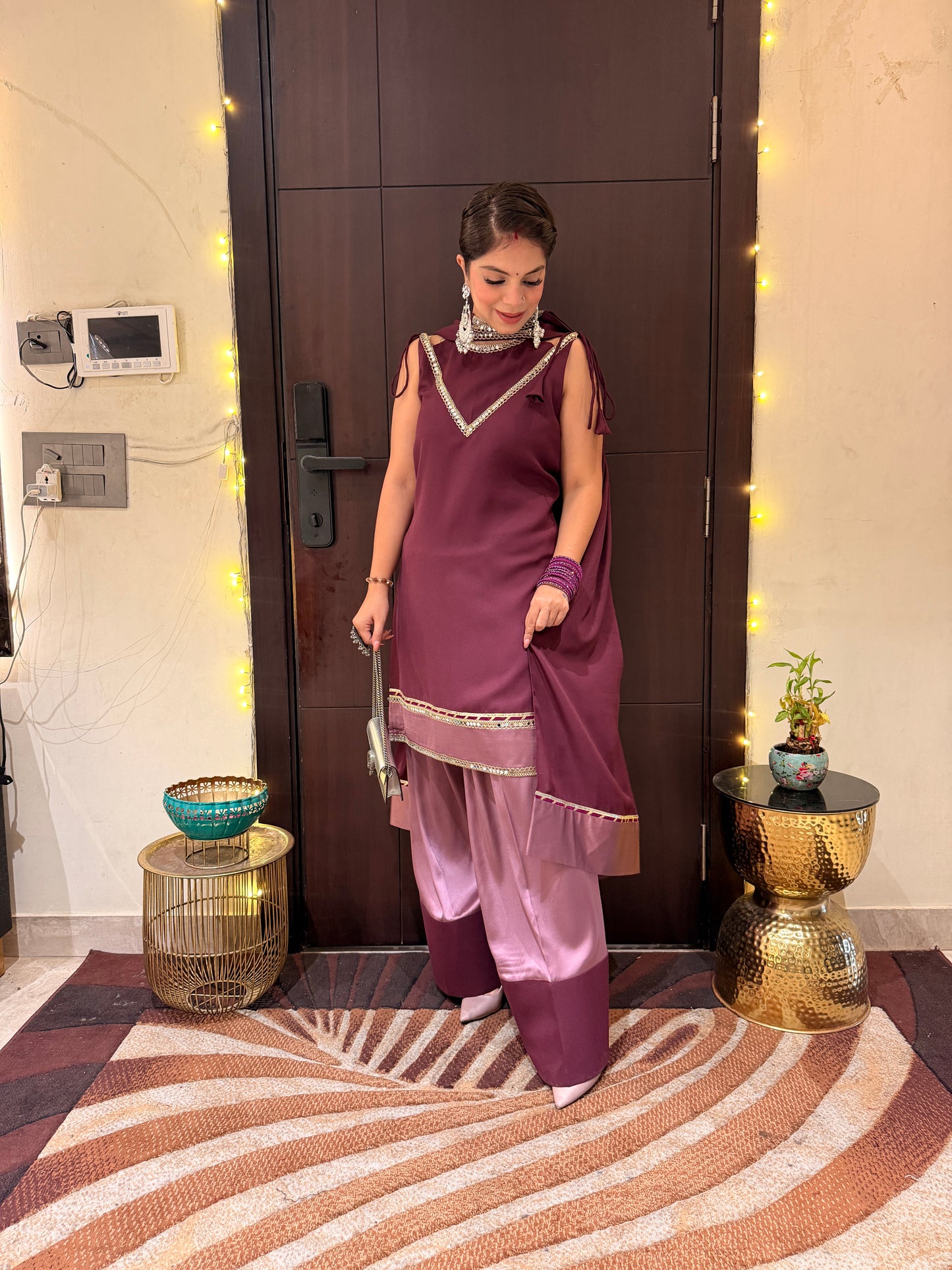 Plum Luxe - Color Block Wine Farshi Palazzo Set for Women | Designer Festive Suit | Mystique Closet