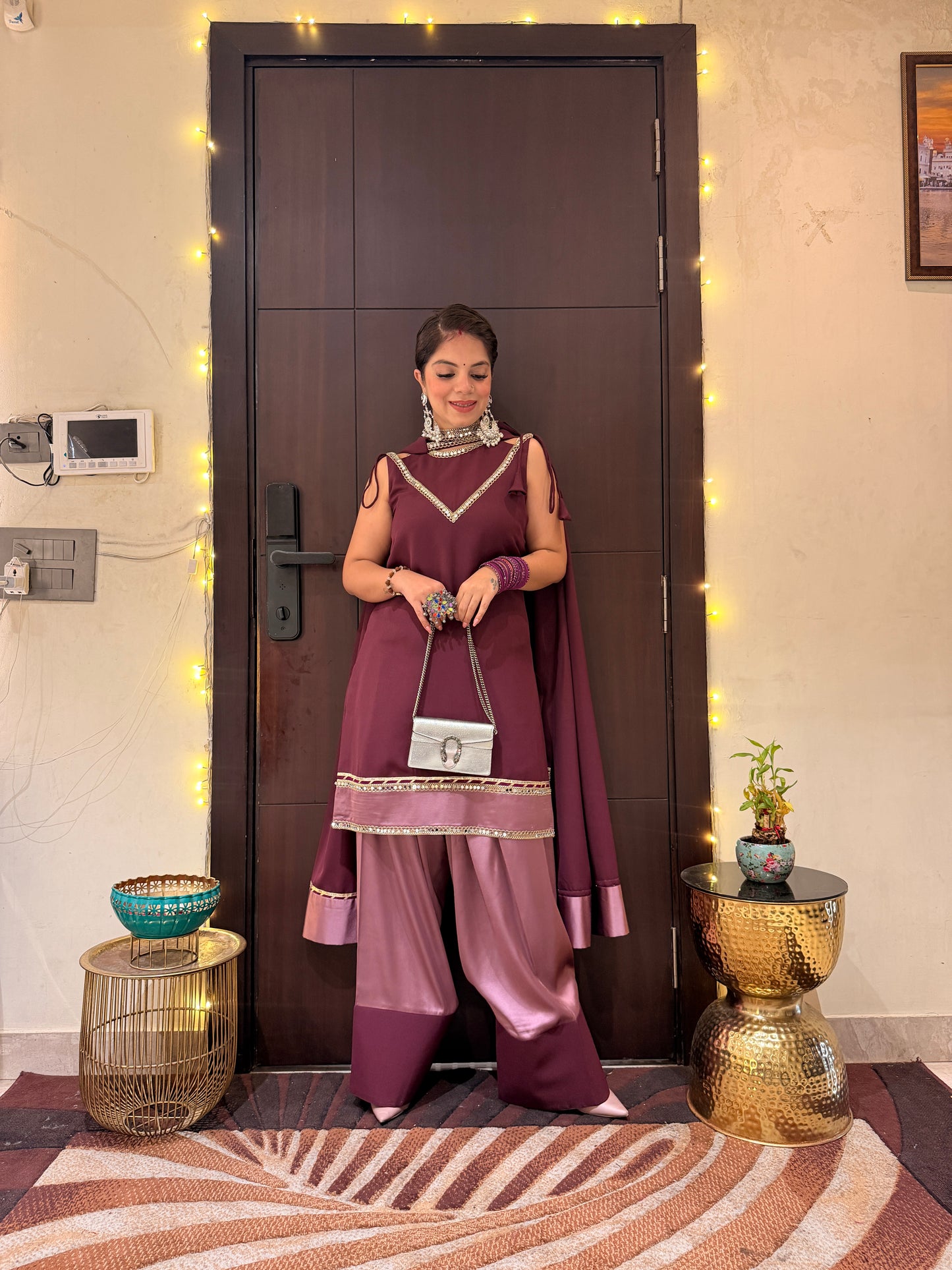Plum Luxe - Color Block Wine Farshi Palazzo Set for Women | Designer Festive Suit | Mystique Closet