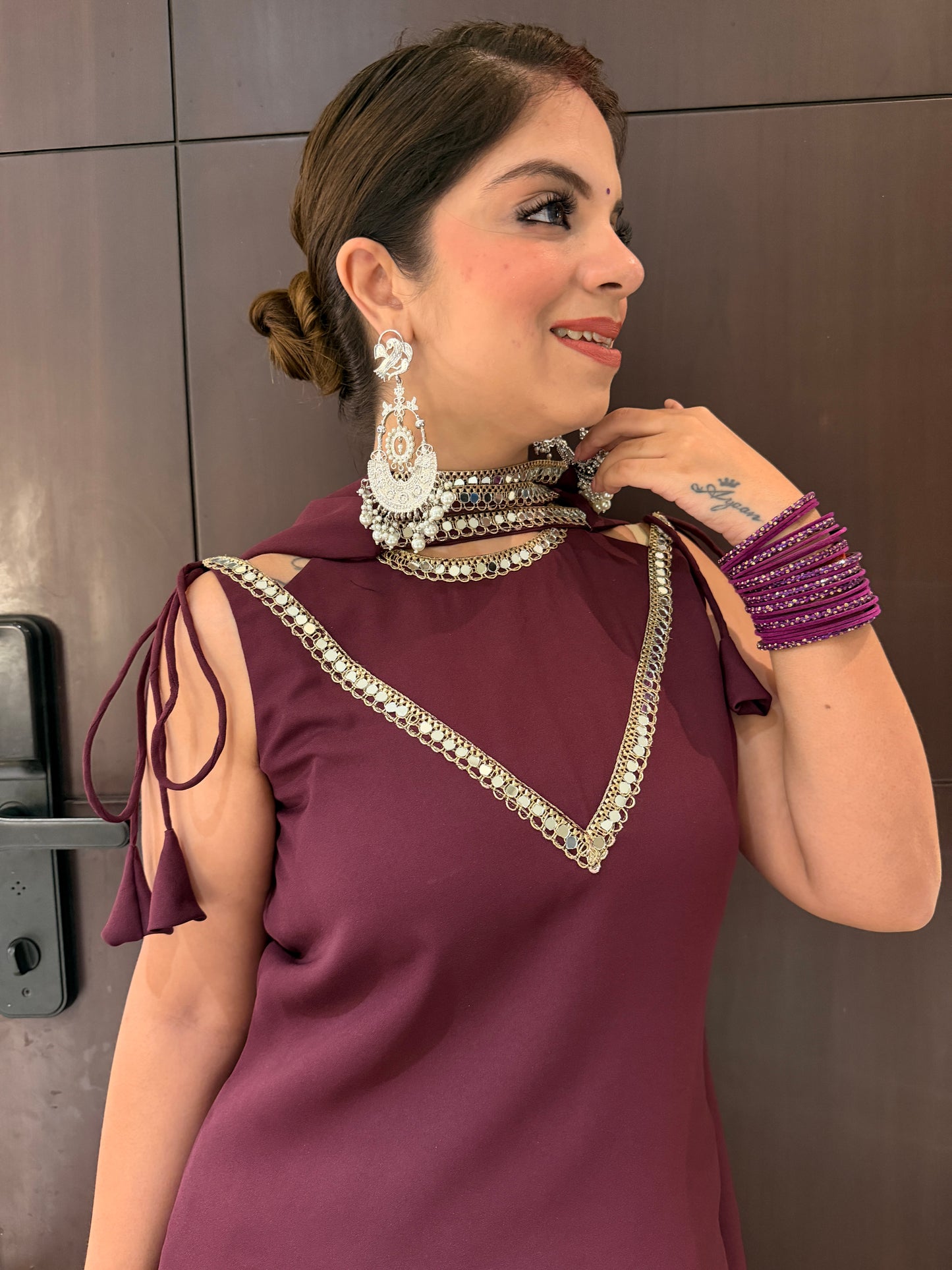 Plum Luxe - Color Block Wine Farshi Palazzo Set for Women | Designer Festive Suit | Mystique Closet
