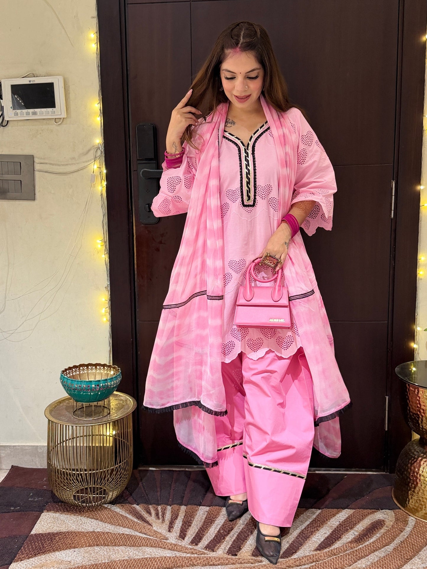 Dilruba - Baby Pink Heart Cutwork Kurta Set with Farshi Palazzo & Tie-Dye Dupatta for Women | Designer Festive Suit | Mystique Closet