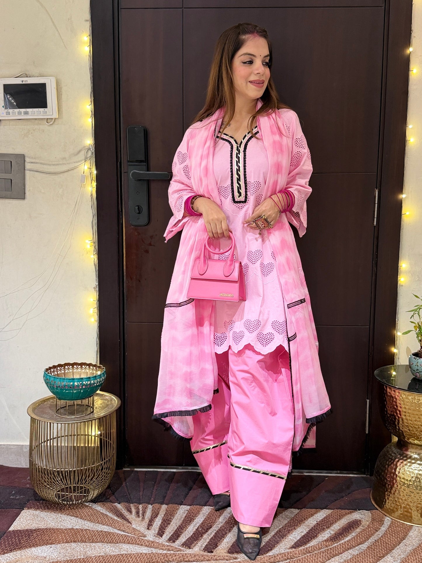 Dilruba - Baby Pink Heart Cutwork Kurta Set with Farshi Palazzo & Tie-Dye Dupatta for Women | Designer Festive Suit | Mystique Closet