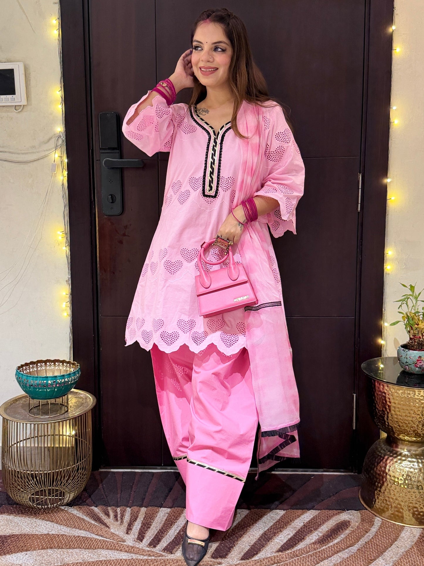 Dilruba - Baby Pink Heart Cutwork Kurta Set with Farshi Palazzo & Tie-Dye Dupatta for Women | Designer Festive Suit | Mystique Closet