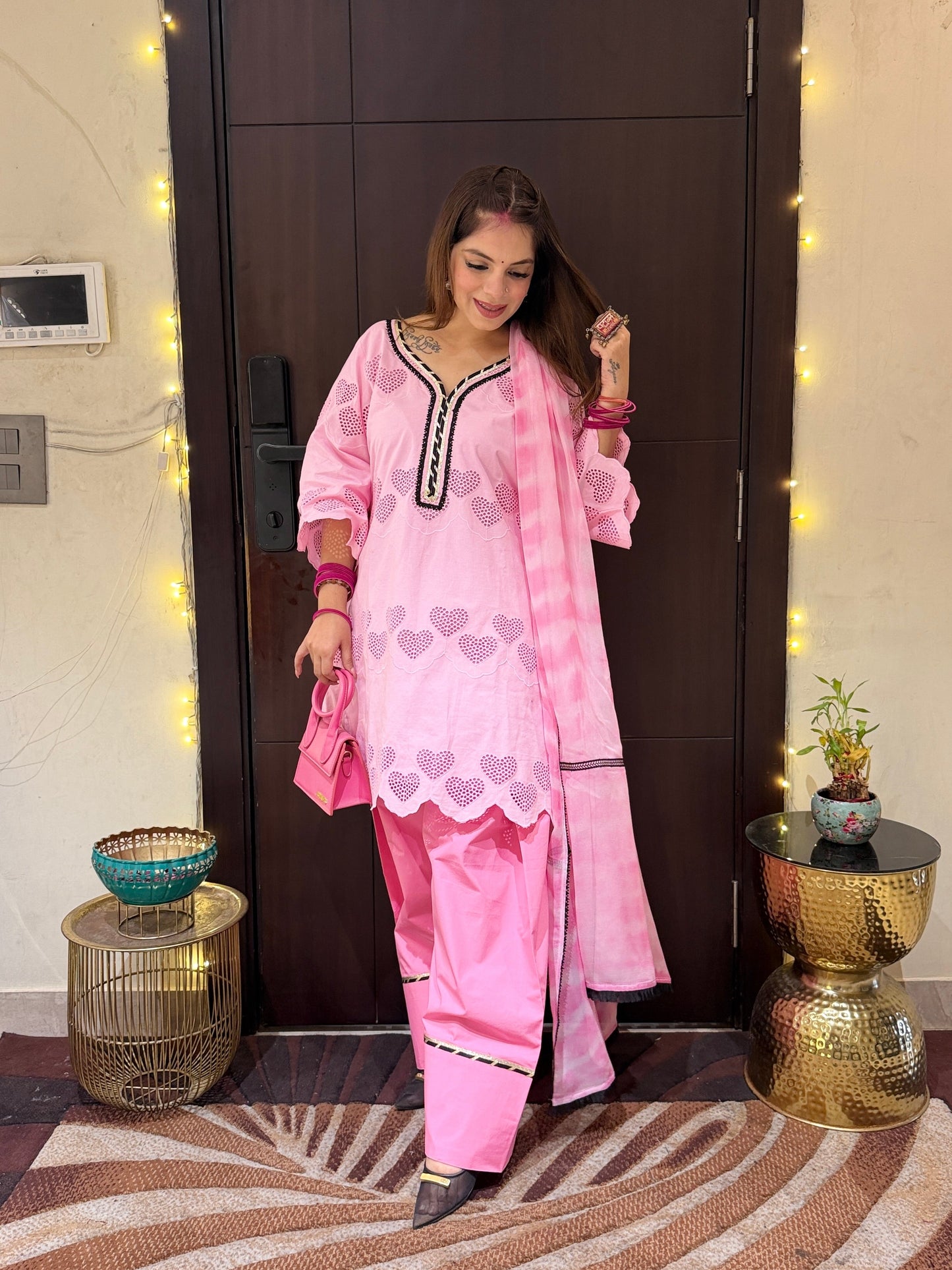 Dilruba - Baby Pink Heart Cutwork Kurta Set with Farshi Palazzo & Tie-Dye Dupatta for Women | Designer Festive Suit | Mystique Closet
