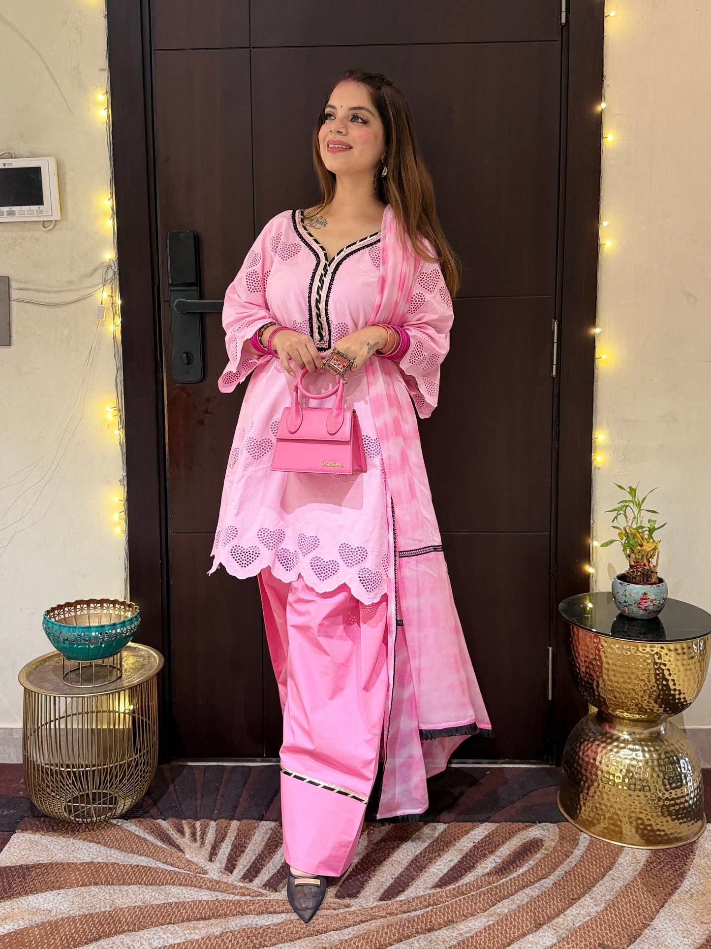 Dilruba - Baby Pink Heart Cutwork Kurta Set with Farshi Palazzo & Tie-Dye Dupatta for Women | Designer Festive Suit | Mystique Closet
