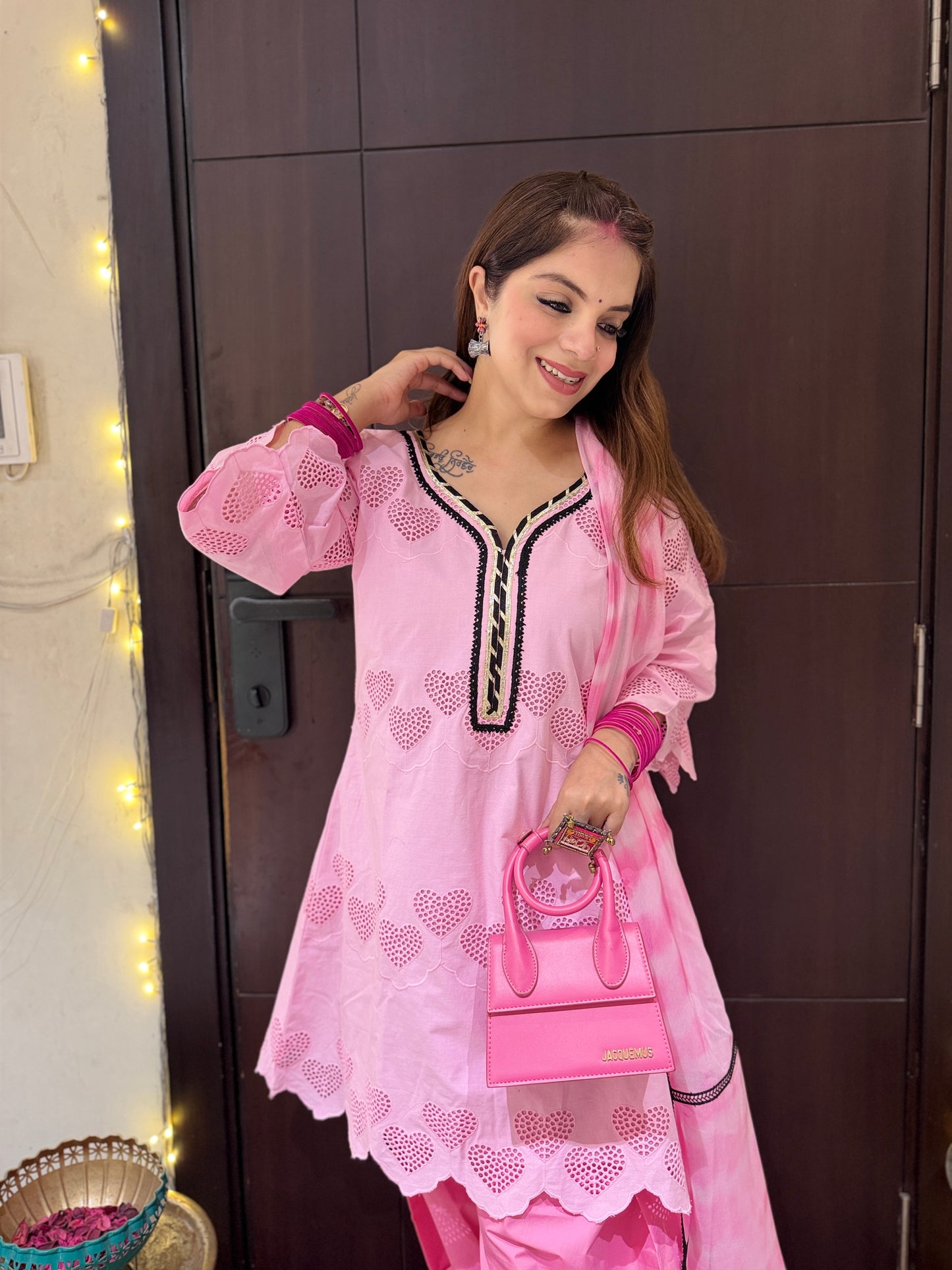 Dilruba - Baby Pink Heart Cutwork Kurta Set with Farshi Palazzo & Tie-Dye Dupatta for Women | Designer Festive Suit | Mystique Closet