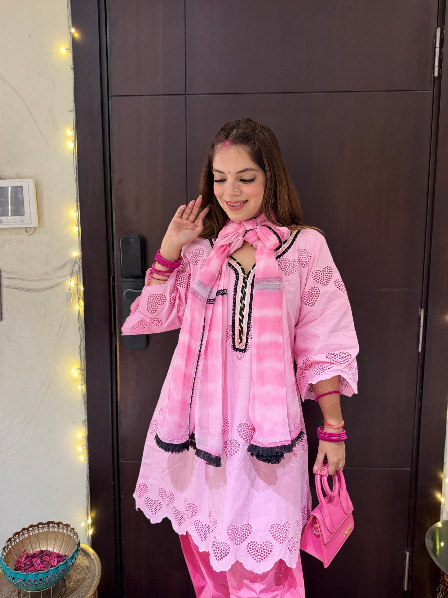 Dilruba - Baby Pink Heart Cutwork Kurta Set with Farshi Palazzo & Tie-Dye Dupatta for Women | Designer Festive Suit | Mystique Closet