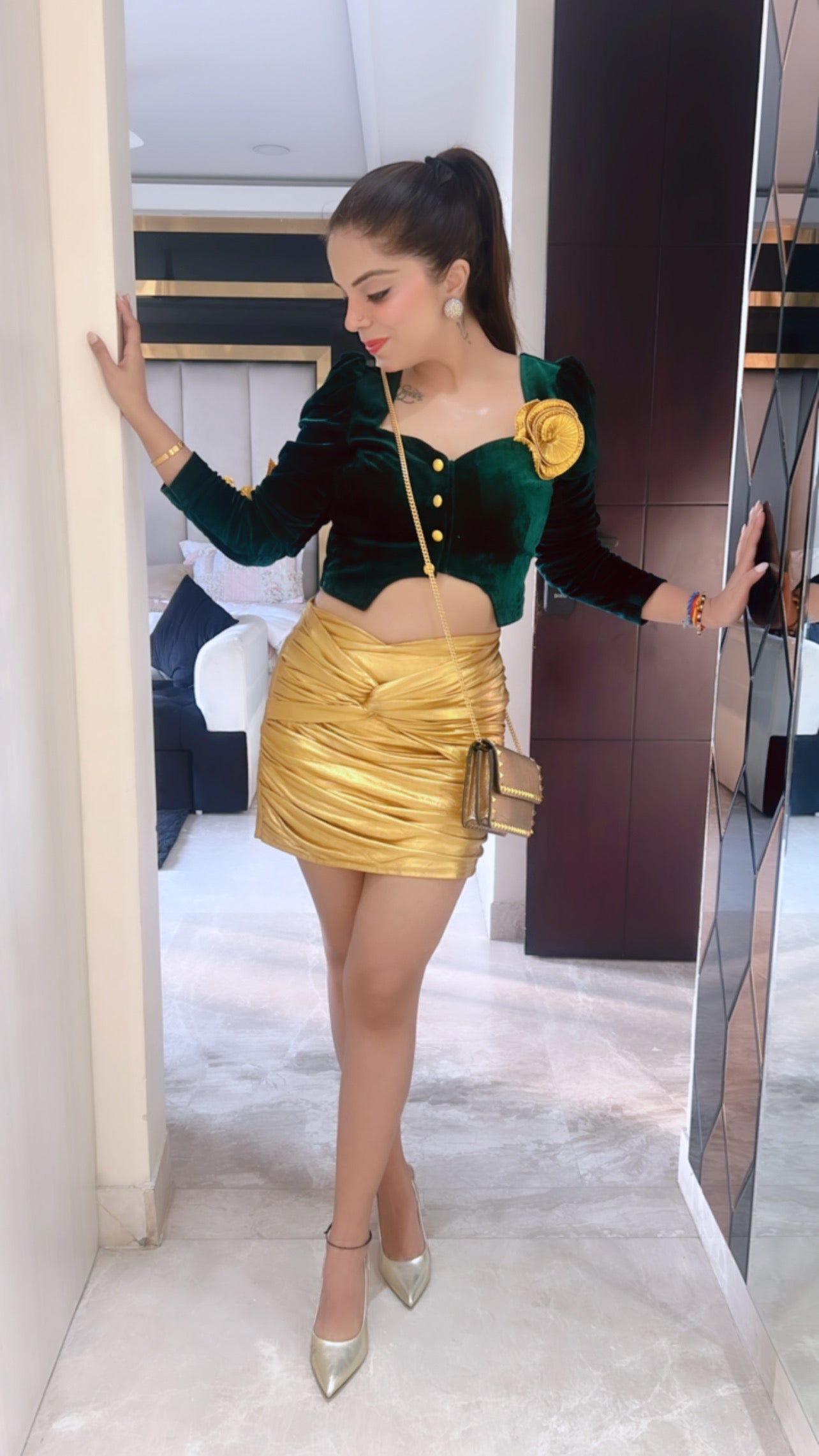 Reina Verde - Green Velvet Crop Top with Golden Rose Accent Glamorous Nightwear Outfit