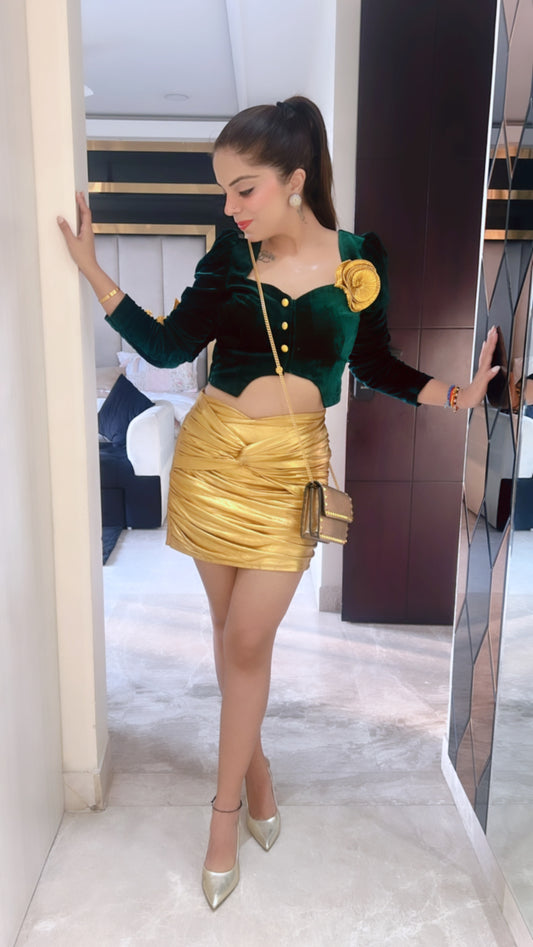Reina Verde - Green Velvet Crop Top with Golden Rose Accent Glamorous Nightwear Outfit