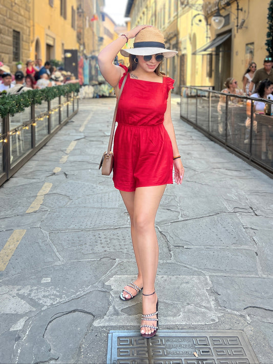 Hoor - Bold Red Tie-Shoulder Romper – Lightweight Summer Style for Women