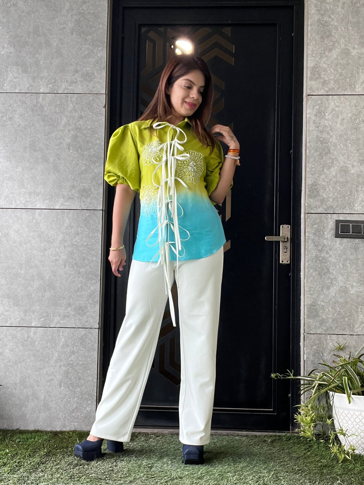 Aaradhya - Ombre Embroidered Puff Sleeve Blouse with Statement Ties | Chic & Trendy Women's Top