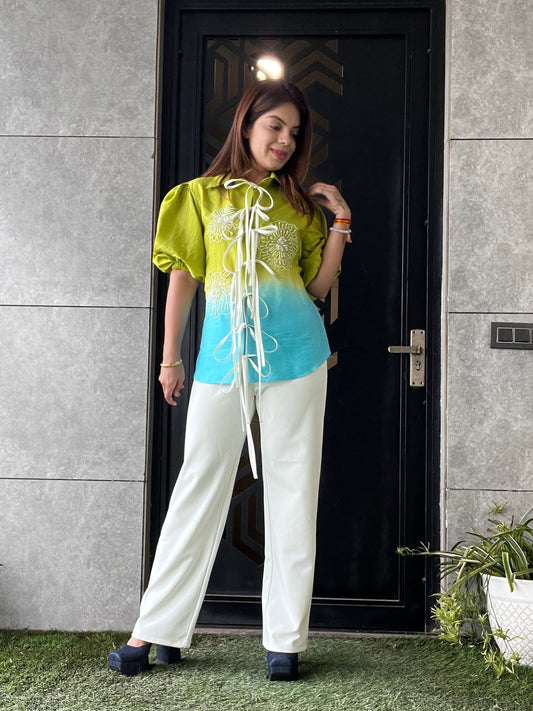 Aaradhya - Ombre Embroidered Puff Sleeve Blouse with Statement Ties | Chic & Trendy Women's Top