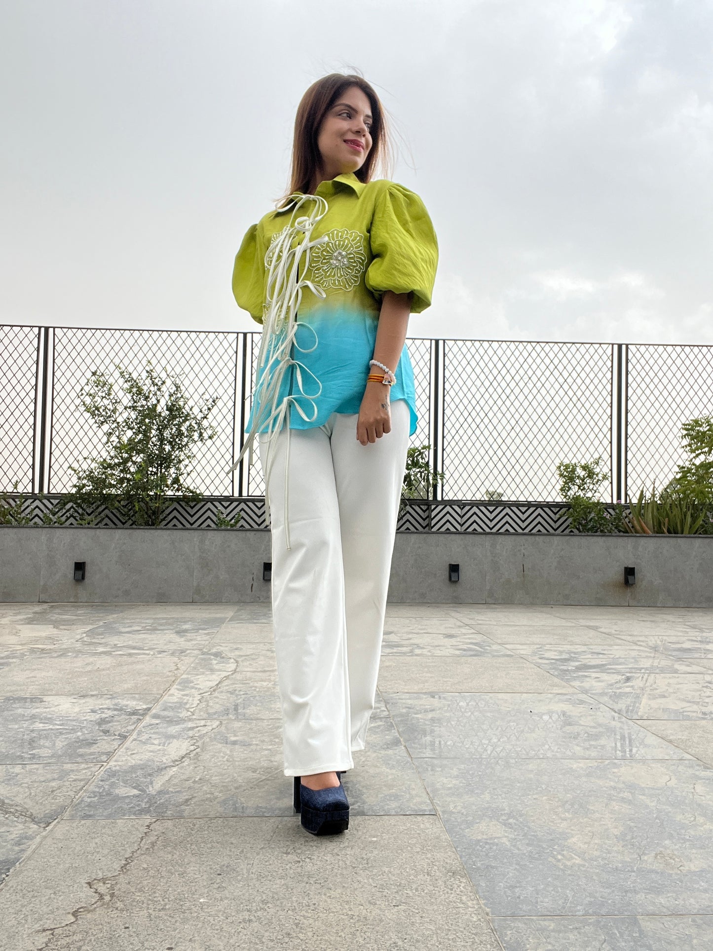Aaradhya - Ombre Embroidered Puff Sleeve Blouse with Statement Ties | Chic & Trendy Women's Top