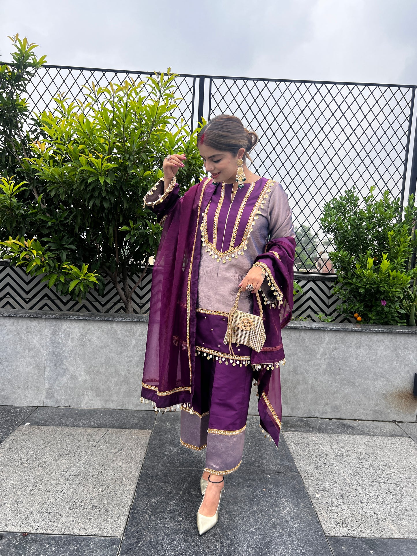Shahi Nazakat - Purple Shimmer Tissue Traditional Ensemble Suit Set.