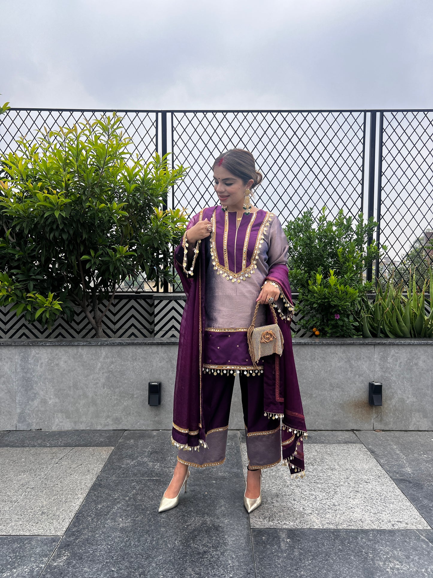 Shahi Nazakat - Purple Shimmer Tissue Traditional Ensemble Suit Set.