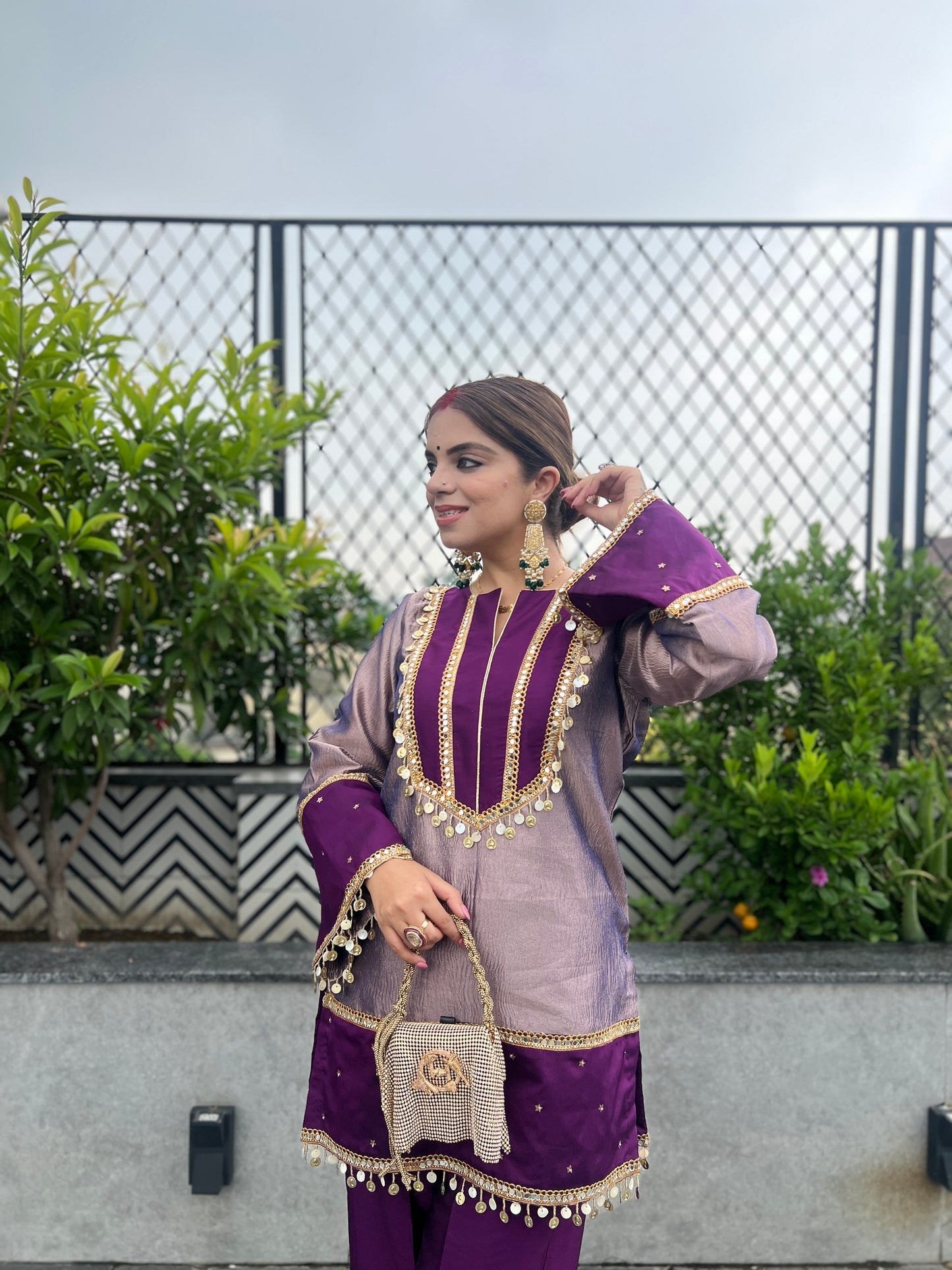 Shahi Nazakat - Purple Shimmer Tissue Traditional Ensemble Suit Set.