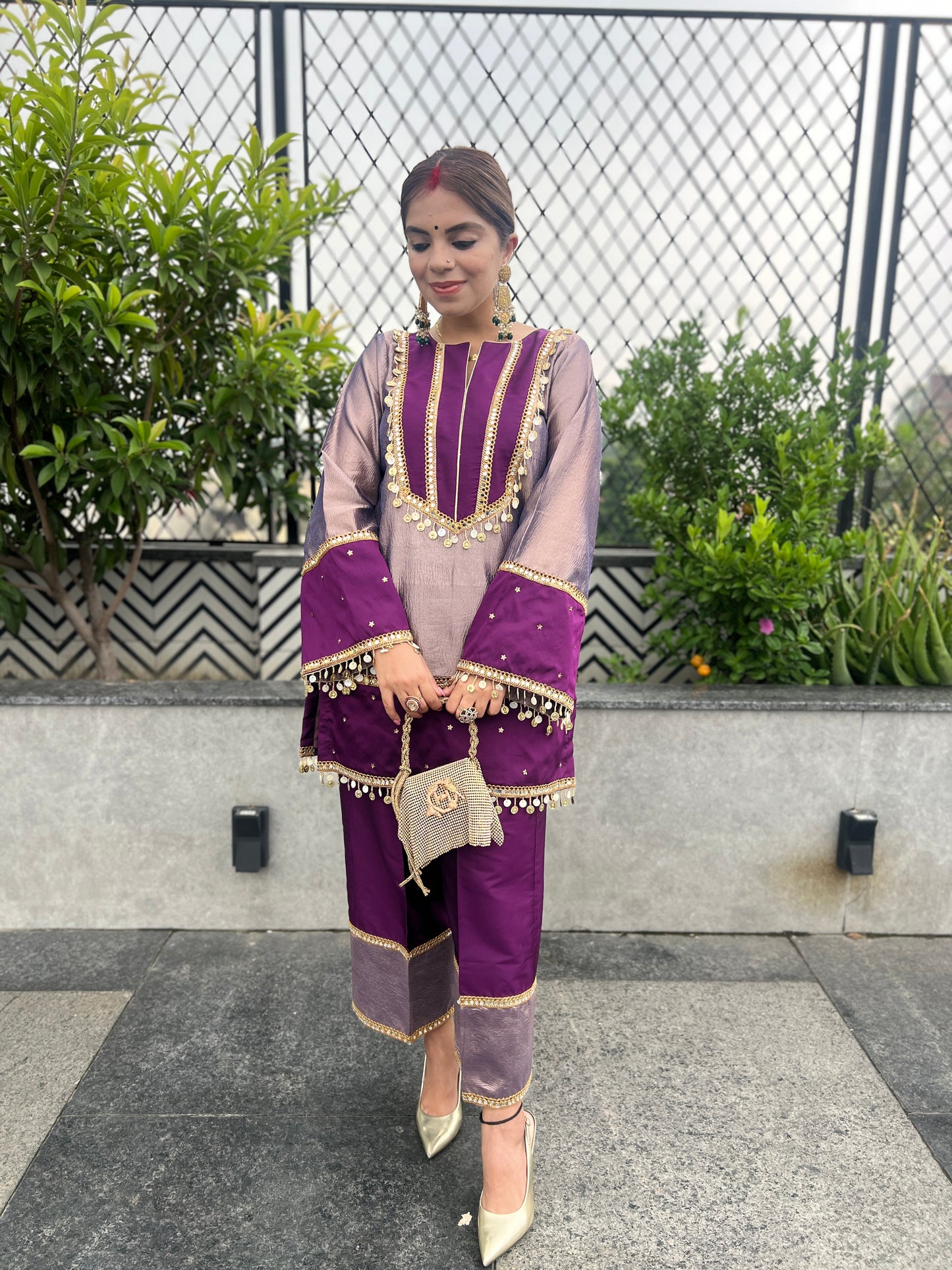 Shahi Nazakat - Purple Shimmer Tissue Traditional Ensemble Suit Set.