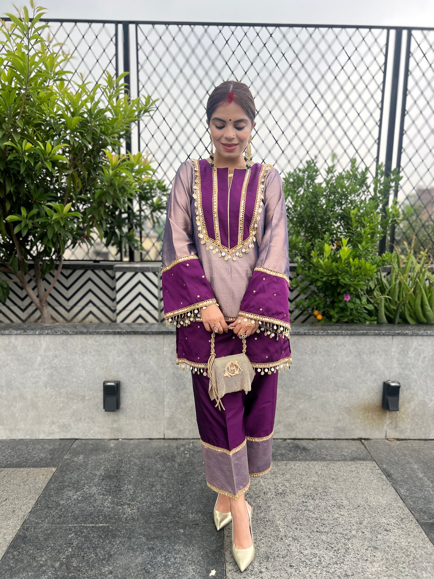 Shahi Nazakat - Purple Shimmer Tissue Traditional Ensemble Suit Set.