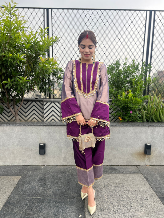 Shahi Nazakat - Purple Shimmer Tissue Traditional Ensemble Suit Set.