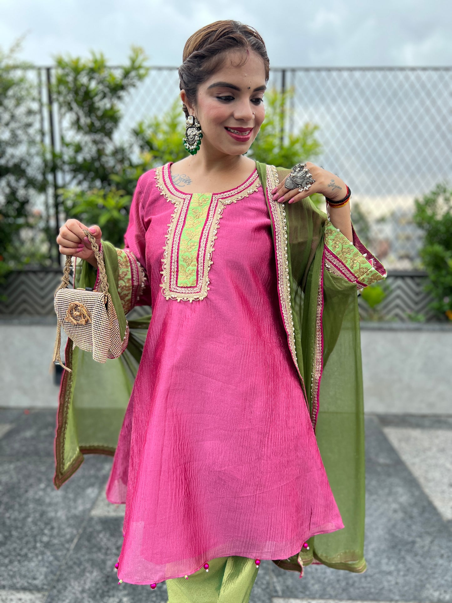 Meher - Shimmer Tissue Suit – Pink & Green Grace.