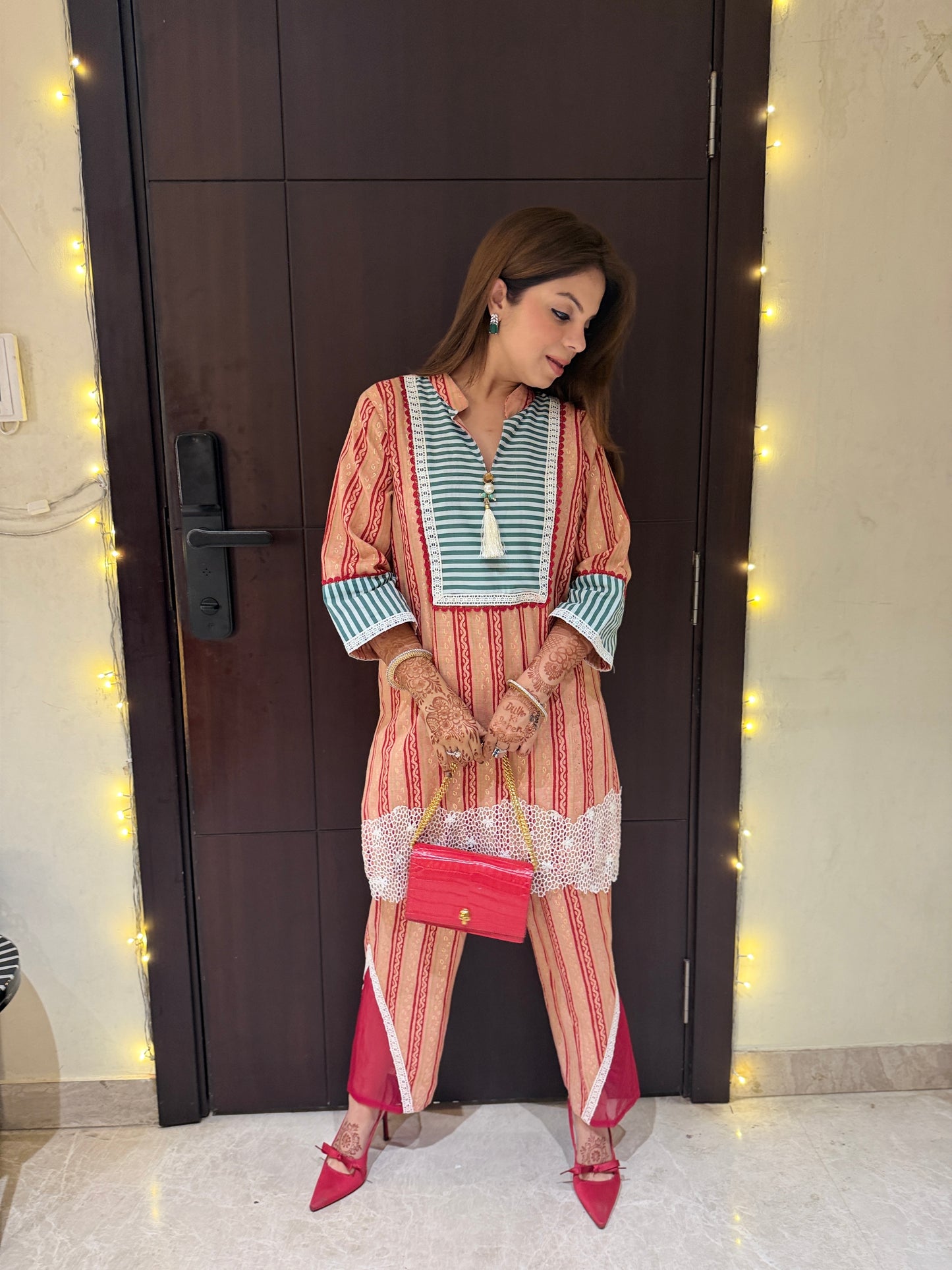 Saiba - Beige and Maroon Striped Kurta Set with Lace Detailing – Women's Ethnic Wear