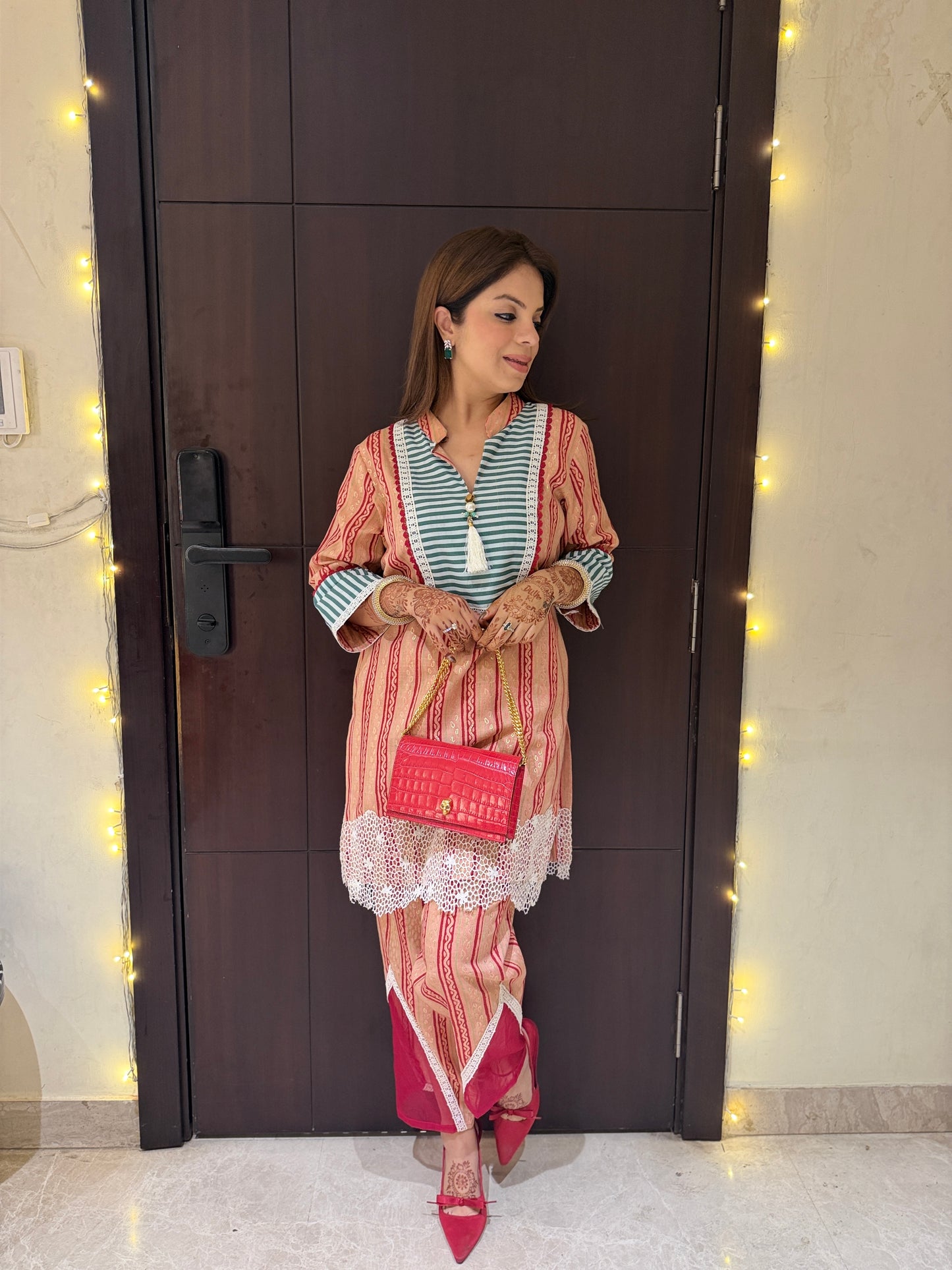 Saiba - Beige and Maroon Striped Kurta Set with Lace Detailing – Women's Ethnic Wear