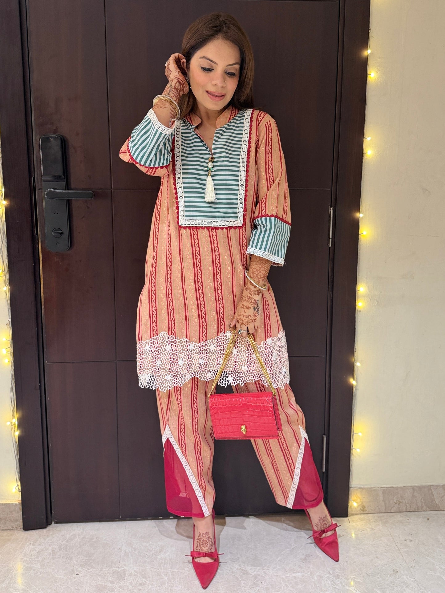 Saiba - Beige and Maroon Striped Kurta Set with Lace Detailing – Women's Ethnic Wear