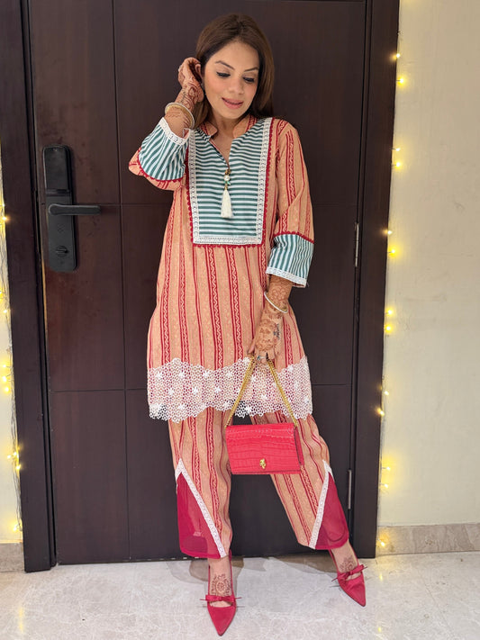Saiba - Beige and Maroon Striped Kurta Set with Lace Detailing – Women's Ethnic Wear
