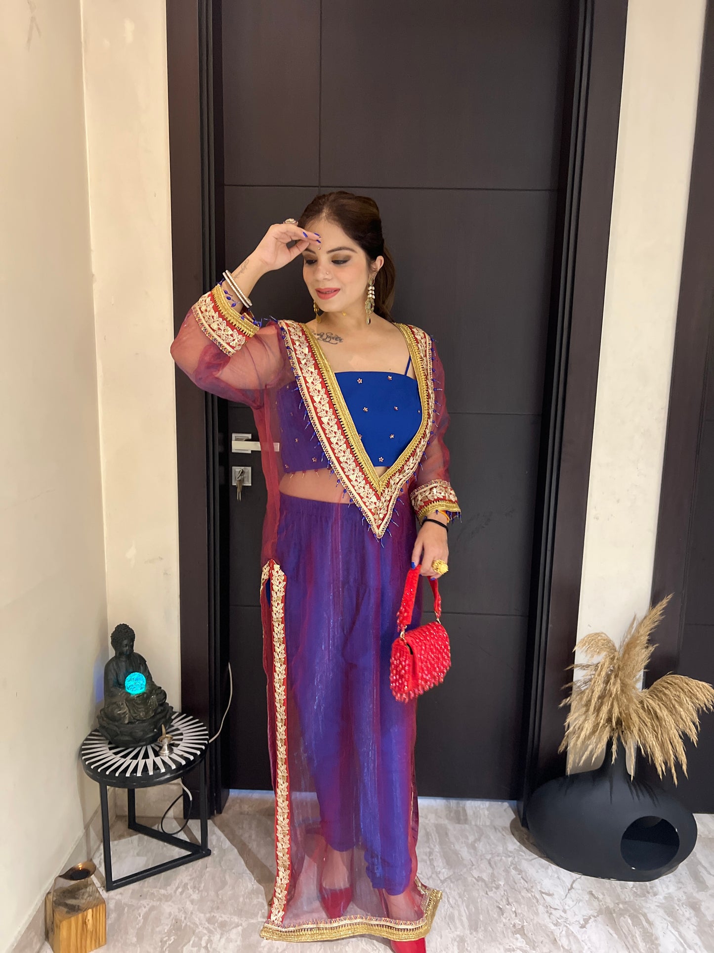 Noorpreet - Elegant Blue & Maroon Embroidered Ethnic Suit Set