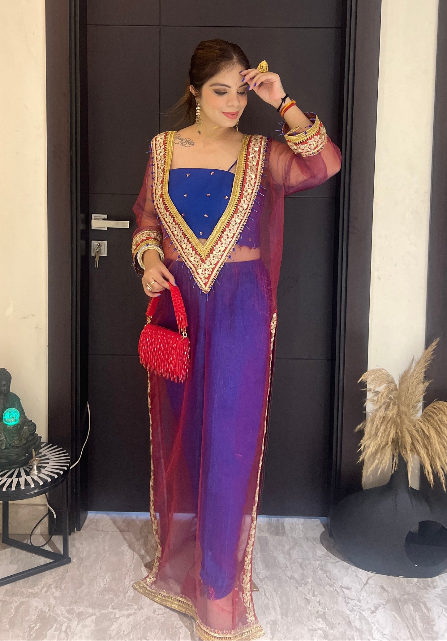 Noorpreet - Elegant Blue & Maroon Embroidered Ethnic Suit Set