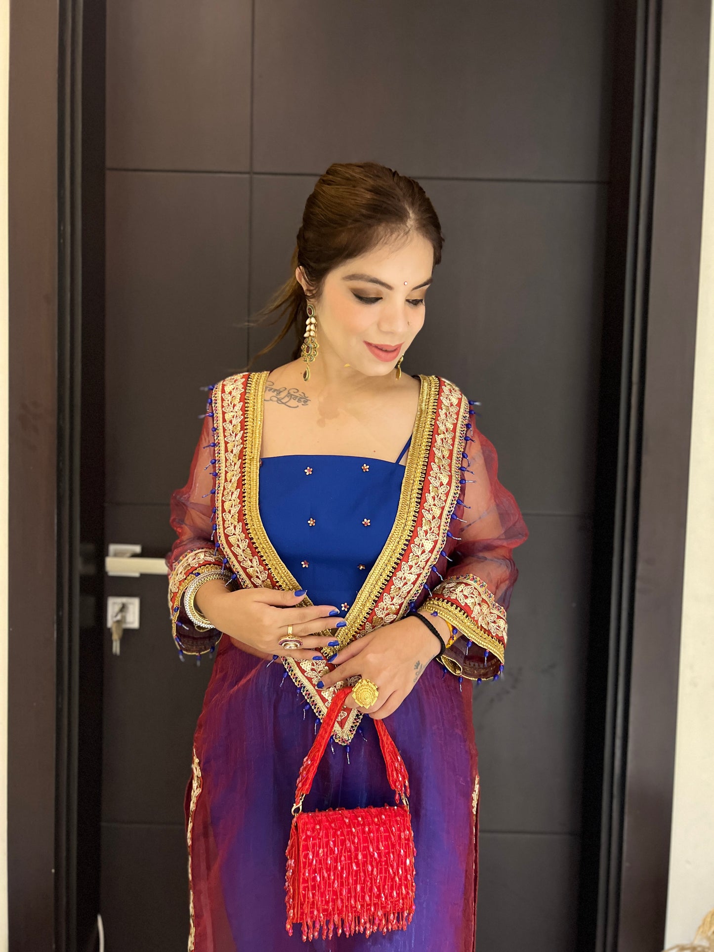 Noorpreet - Elegant Blue & Maroon Embroidered Ethnic Suit Set