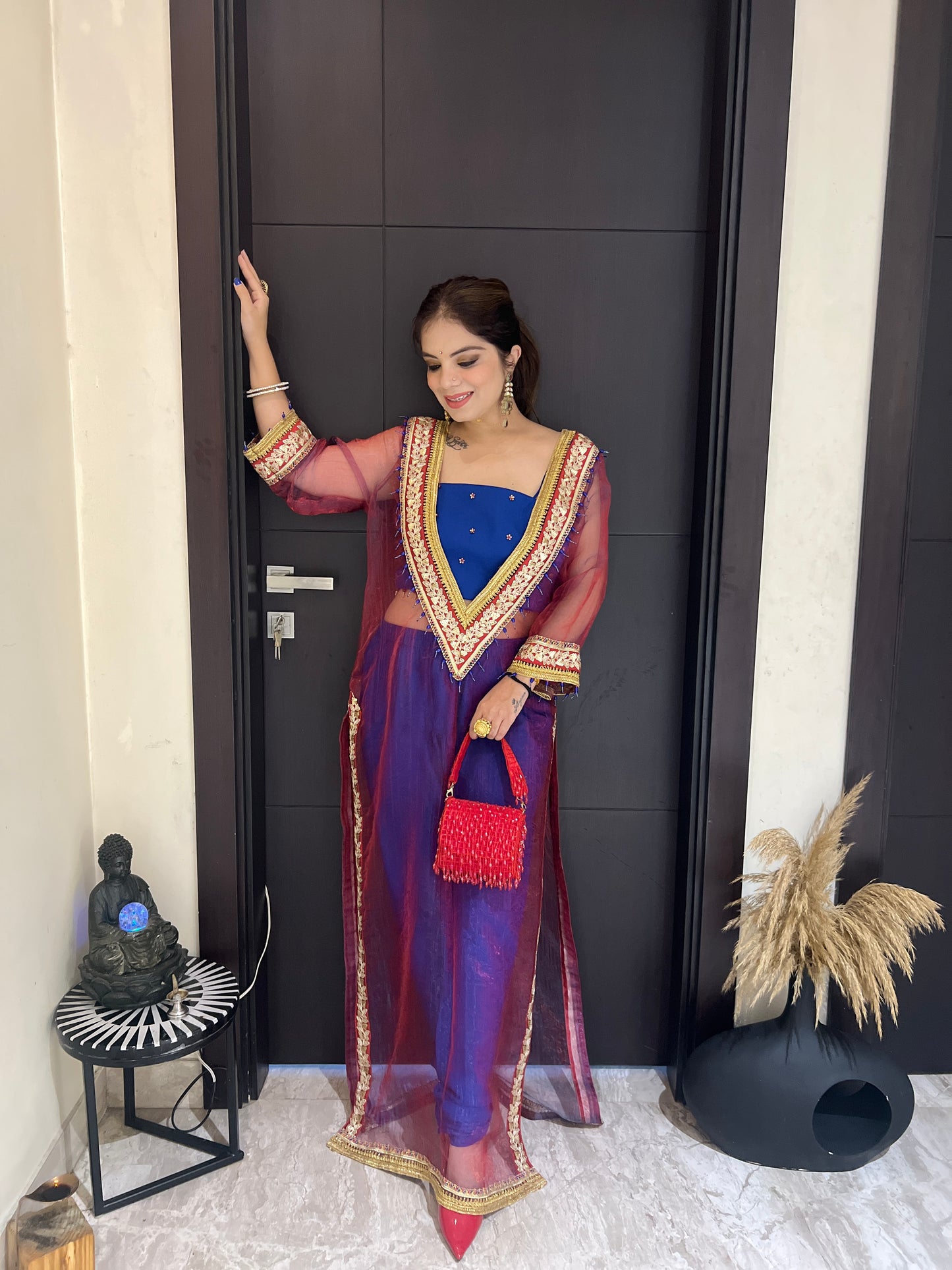 Noorpreet - Elegant Blue & Maroon Embroidered Ethnic Suit Set