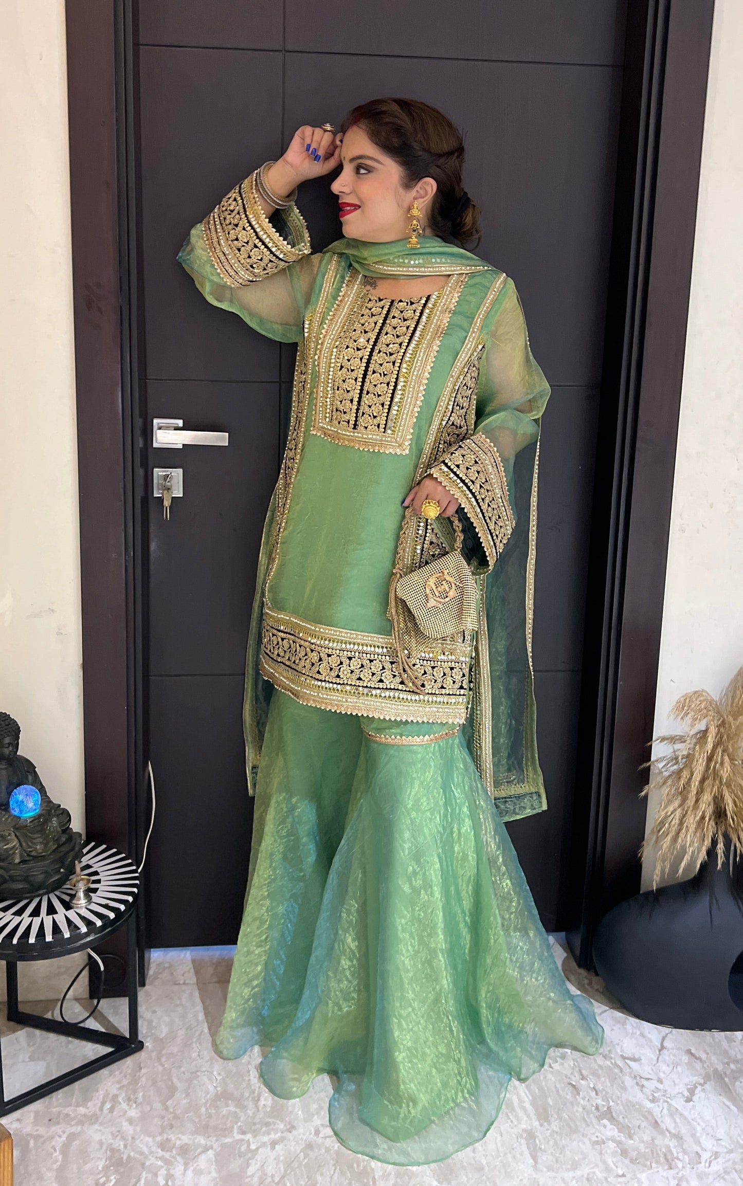 Ruhani - Golden Touch Traditional Soft Shimmer Tissue Sharara Suit – Zari & Sequin Work.