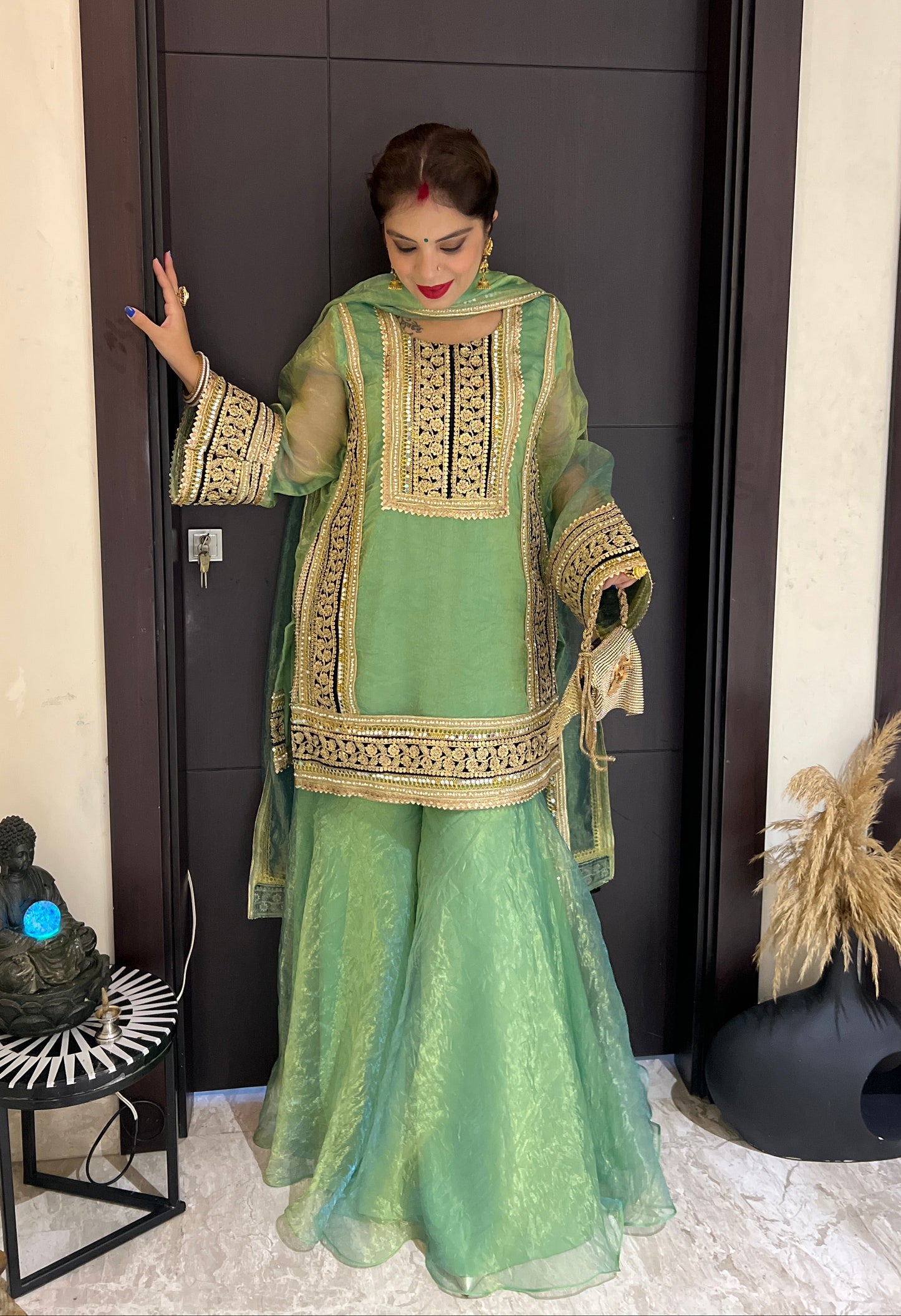 Ruhani - Golden Touch Traditional Soft Shimmer Tissue Sharara Suit – Zari & Sequin Work.