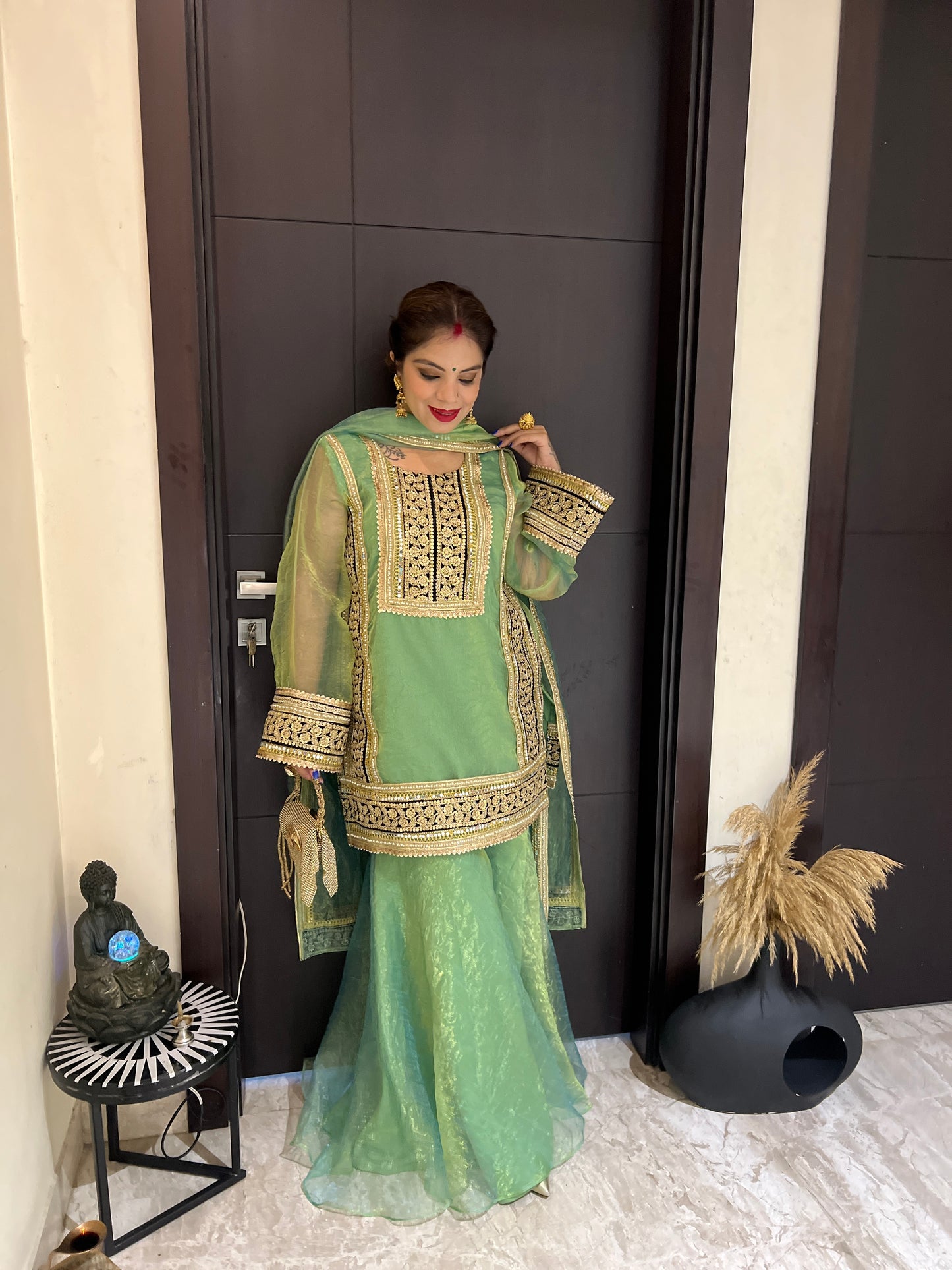 Ruhani - Golden Touch Traditional Soft Shimmer Tissue Sharara Suit – Zari & Sequin Work.