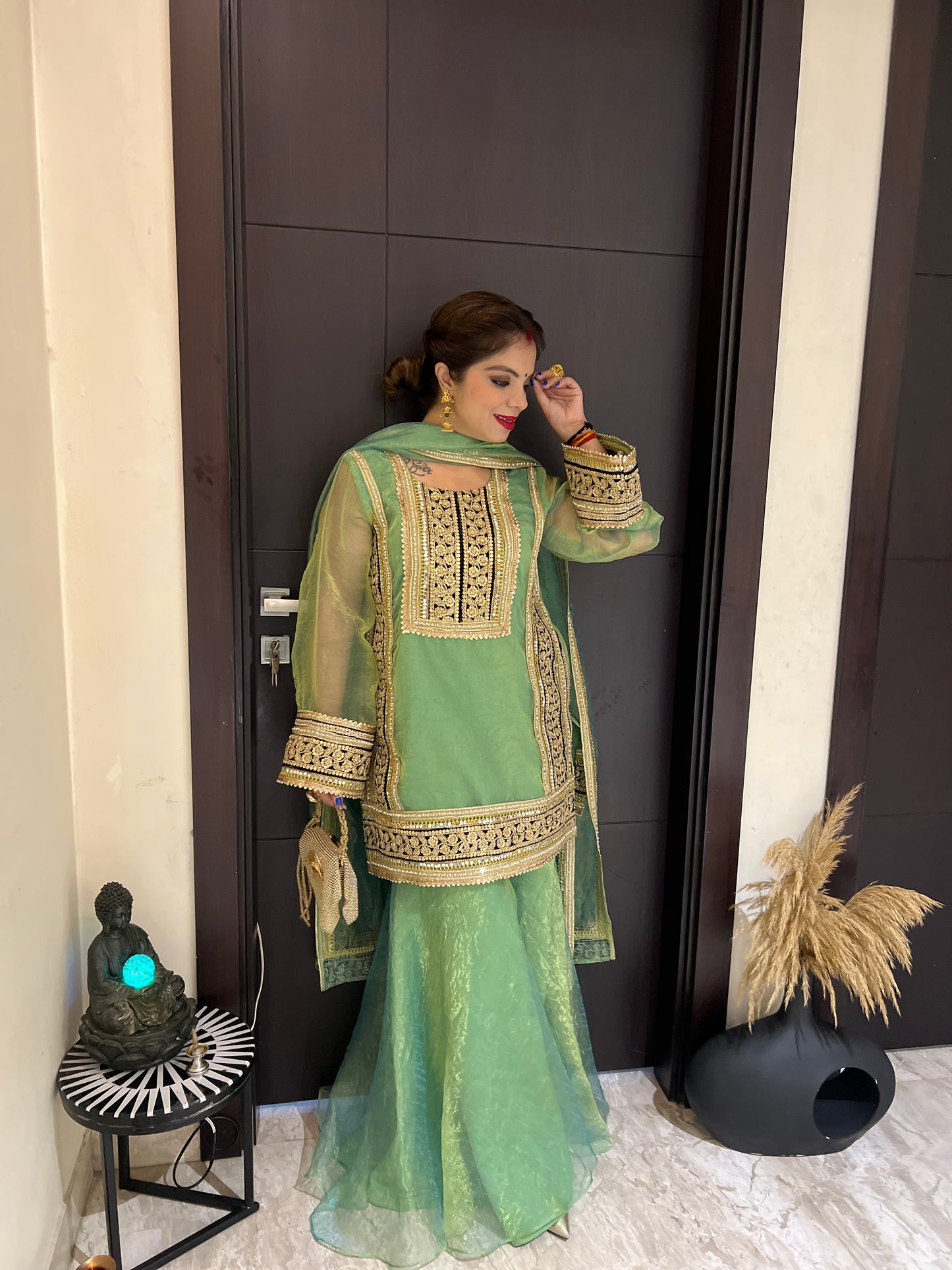 Ruhani - Golden Touch Traditional Soft Shimmer Tissue Sharara Suit – Zari & Sequin Work.