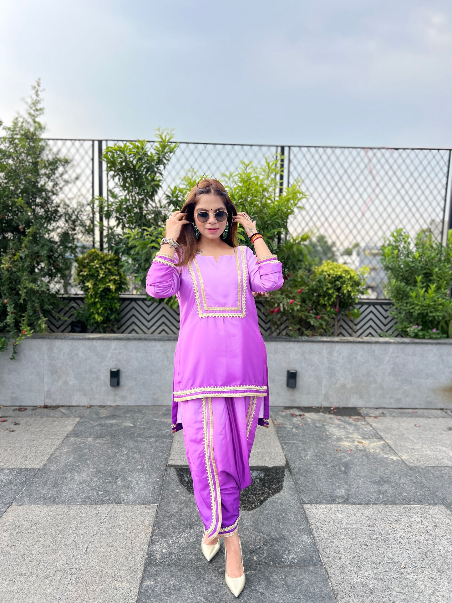 Navya – Lavender Patiala Suit Set with Golden Lace Detailing.