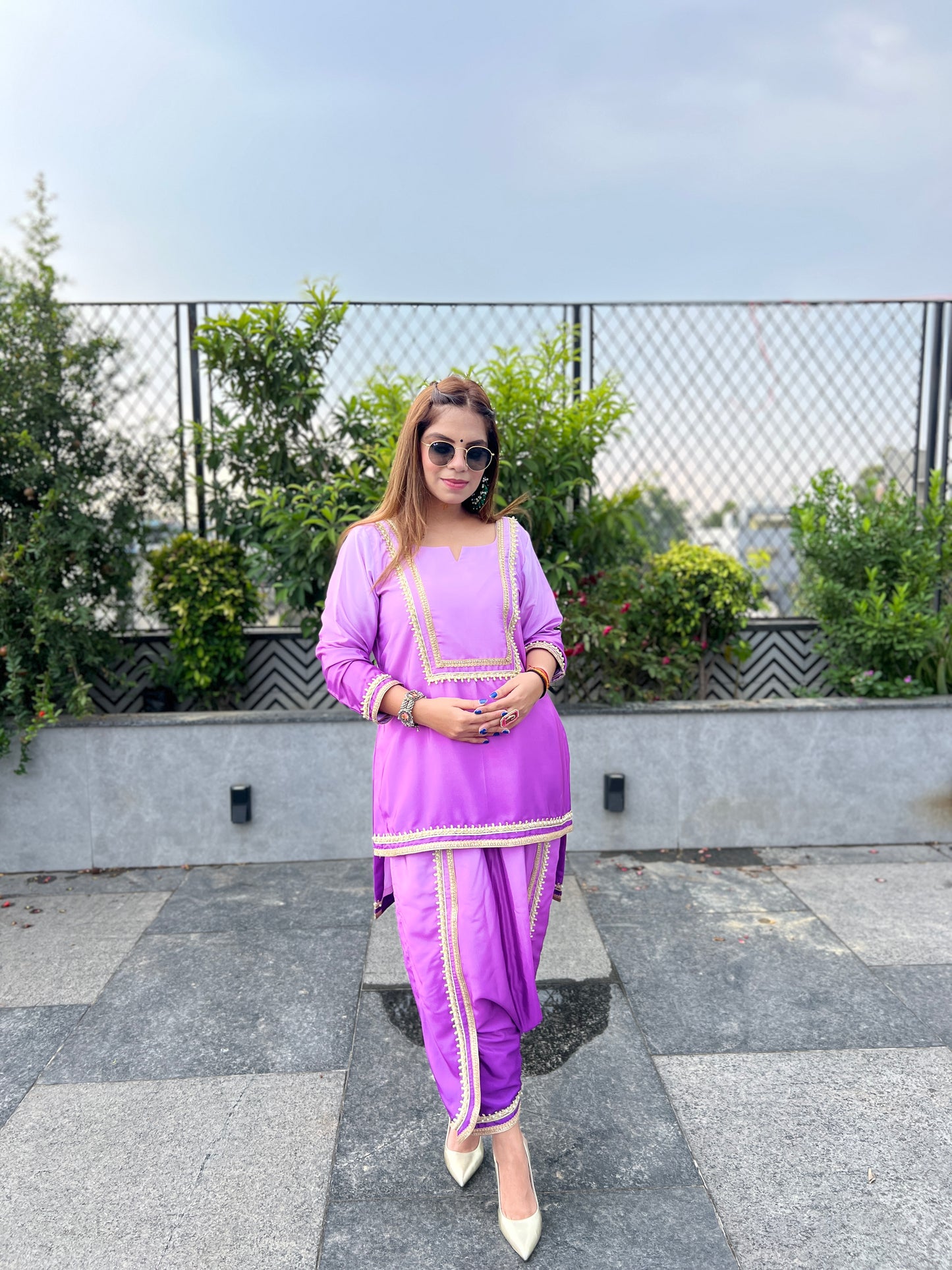 Navya – Lavender Patiala Suit Set with Golden Lace Detailing.