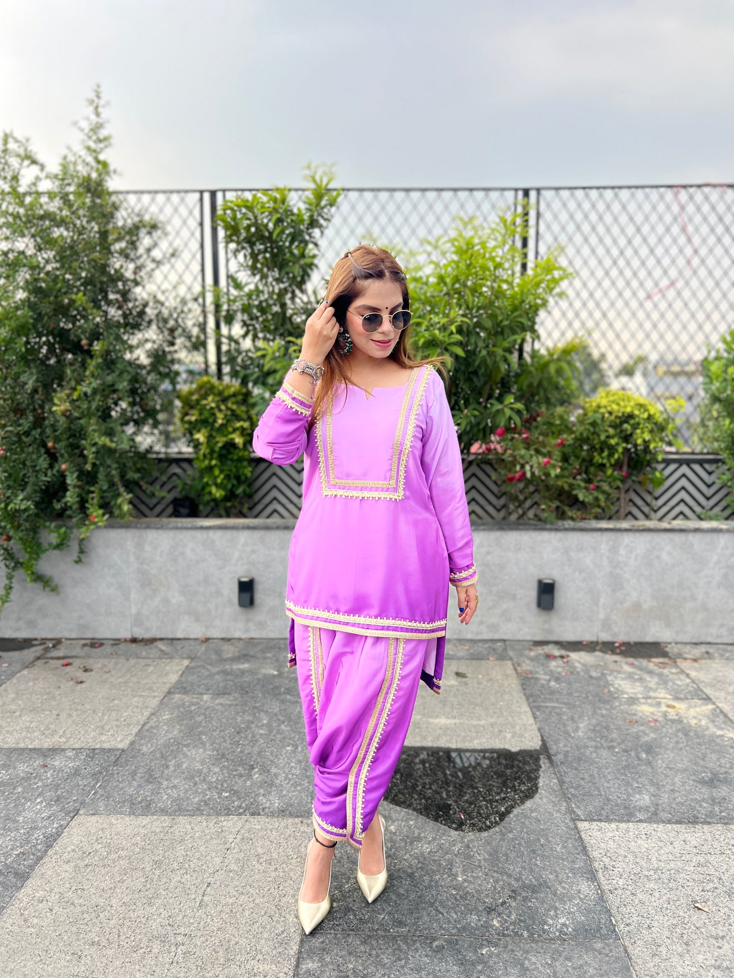Navya – Lavender Patiala Suit Set with Golden Lace Detailing.