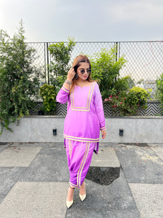 Navya – Lavender Patiala Suit Set with Golden Lace Detailing.