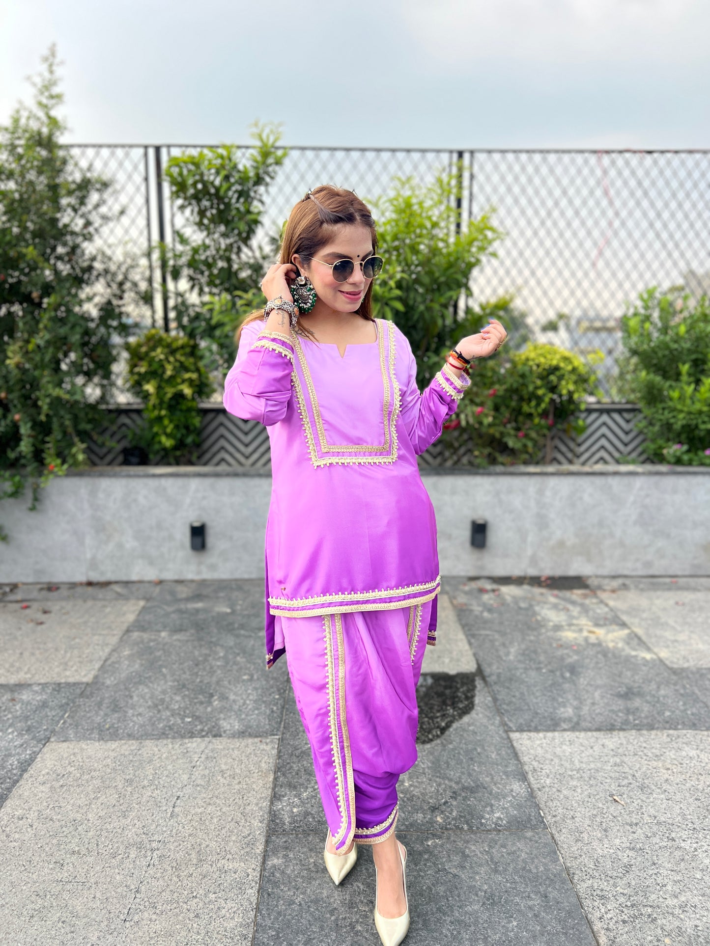 Navya – Lavender Patiala Suit Set with Golden Lace Detailing.