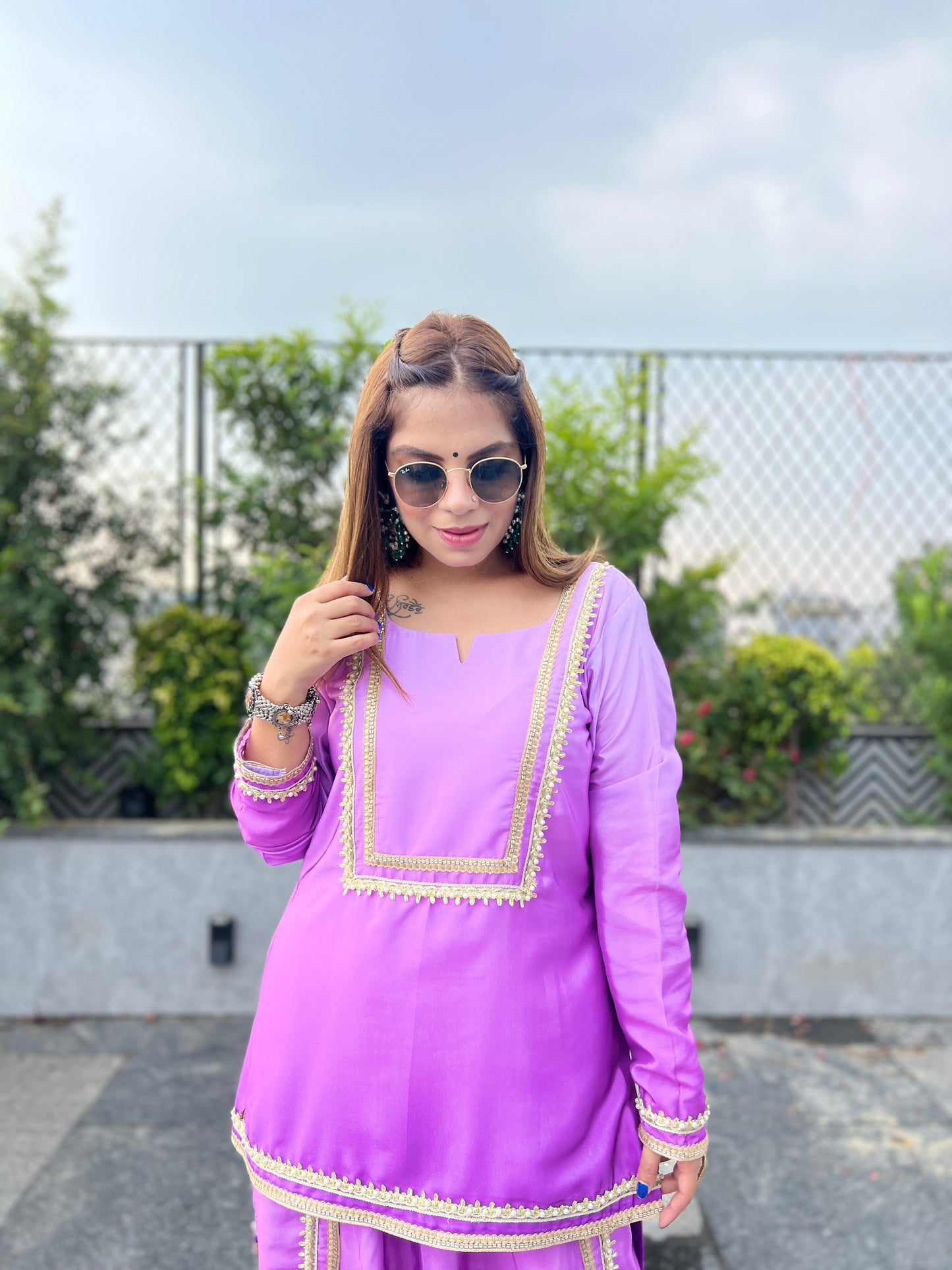 Navya – Lavender Patiala Suit Set with Golden Lace Detailing.